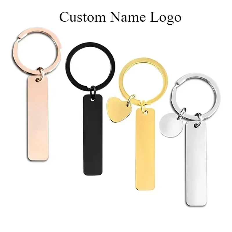 

New Style Stainless Steel Custom Logo Name Metal Keychain Rectangular Hang Tag Key Ring Advertising Holiday Engraved Laser Gift