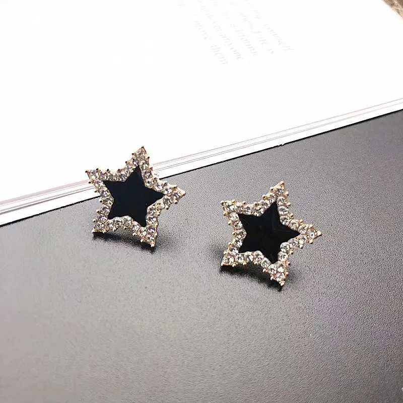 Cute Five-pointed Star Earrings for Women Black Enamel Oil Crystal Double Color Earrings Party Classic Sweet Jewelry