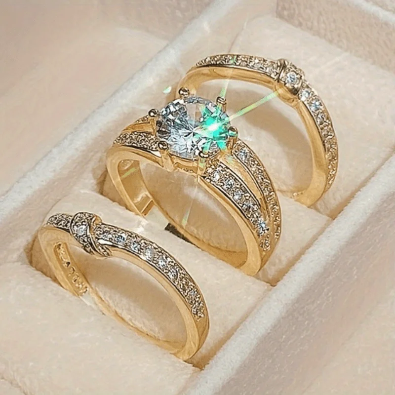 3 Pieces/Set Elegant Ladies Engagement Set Ring Exquisite Cubic Zirconia Commitment Ring Engagement Ring Bridal Ring Anniversary Valentine's Day Gift