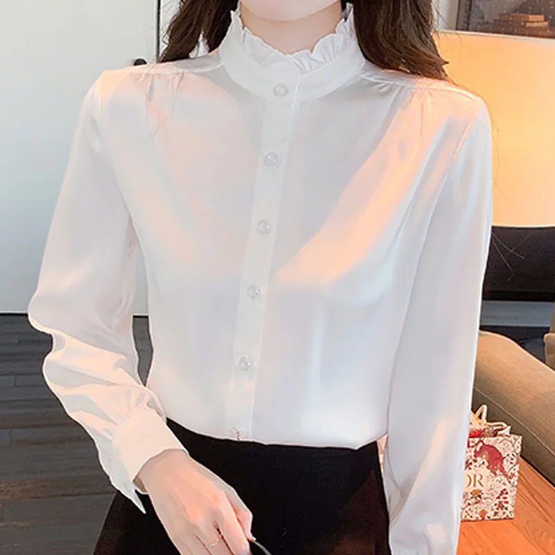 Fashion Stand Collar White Chiffon Women Blouse Shirt Tops Blusas Mujer De Moda 2024 Long Sleeve Blouse Women Shirt Blusa H540