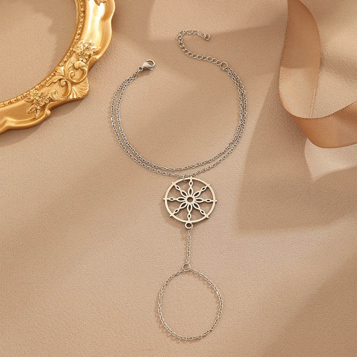 Chandler Dharma Wheel Buddhism Slave Bracelet for Women Finger Bracelet Layering Bracelet Stainless Steel Lariat Bracelet