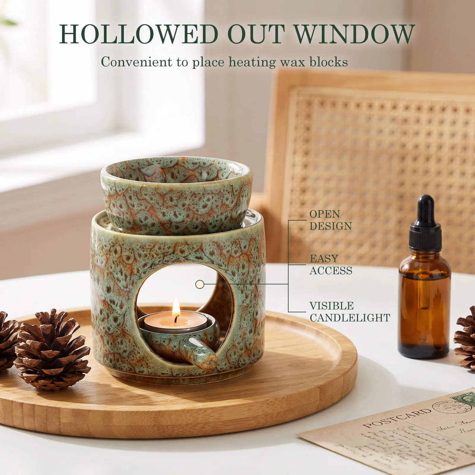 Ceramic Oil Burner Split Essential Oil Burner Wax Melting Burners with Removable Bowl Tea Light Wax Warmer for Home and Tea Room