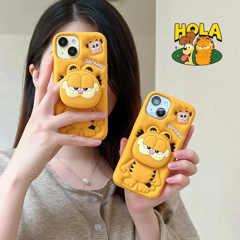 Funny Garfield Cat Cover With Stand Holder Soft Silicone Case for iPhone 16 15 14 Plus 13 12 11 Pro Max