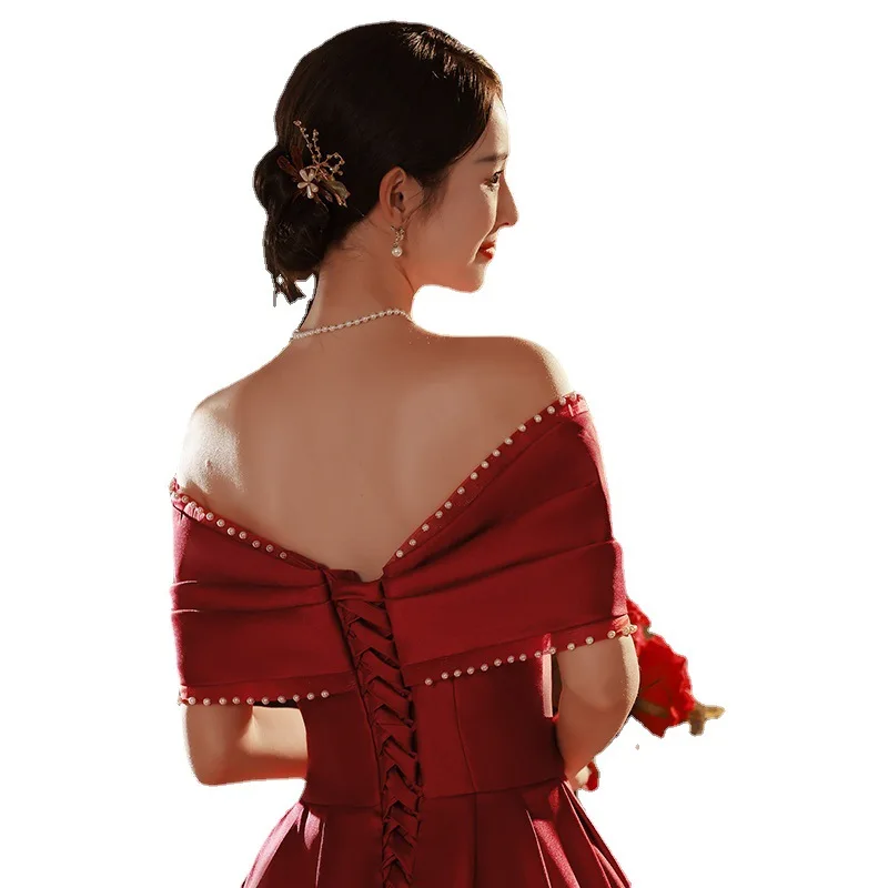 Women Burgundy Satin Beading Wedding Dresses 2023 Elegant Off the Shoulder Prom Party Gowns Vestidos De Fiesta