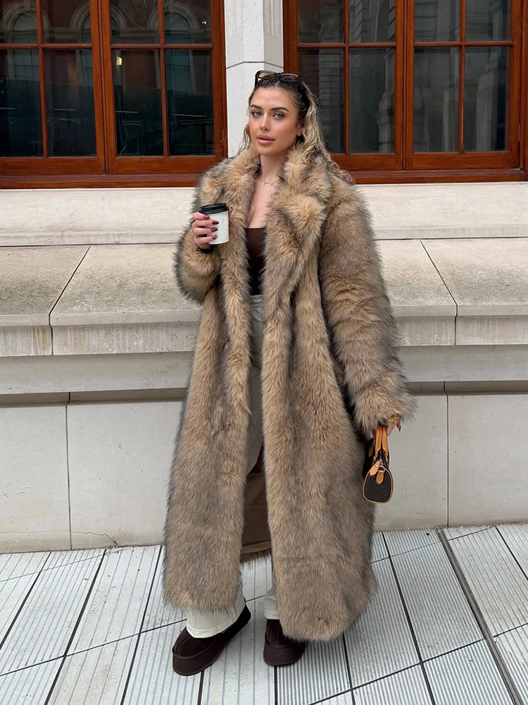 Winter Long Brown Faux Fur Overcoat Women Casual Luxury Lapel Long Sleeve Fluffy Coat Female High Quality Thicken Warm Outwears