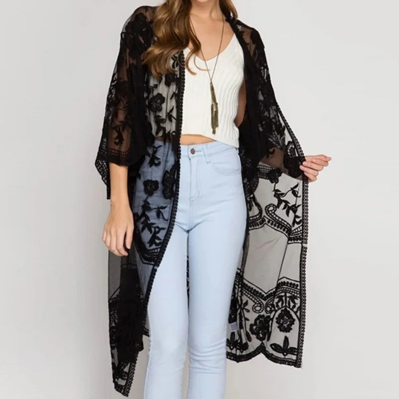 Bikini con bordado de encaje para mujer, cárdigan elegante holgado y fino con protección solar de estilo francés, ropa de playa Sexy para mujer 2025