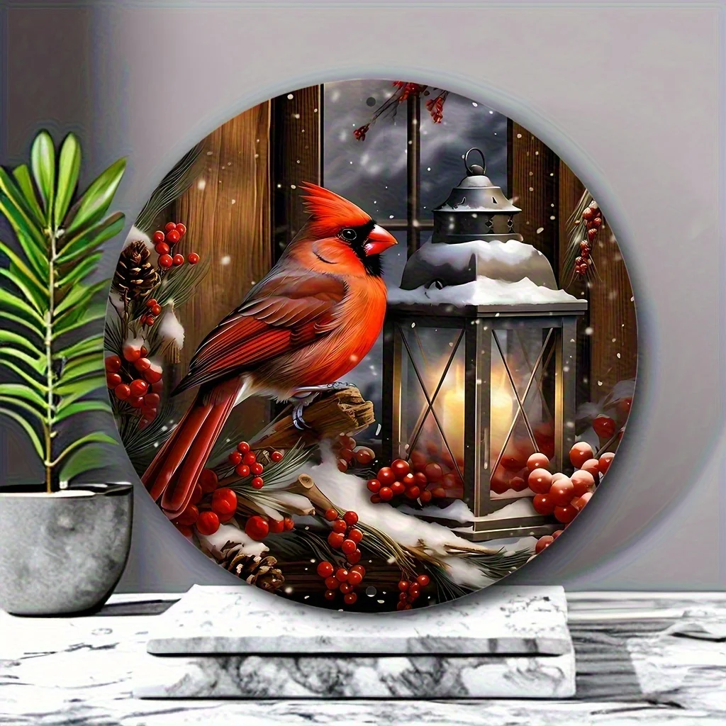 2D Flat - Round Aluminum Art Plate Featuring a Cardinal And an Oil Lamp with a Winter Wreath Design, Adorned with Snowflakes And