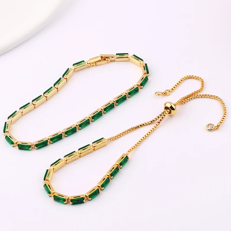 Green Shiny Charm CZ Tennis Bracelet for Women Crystal Zircon Jewelry Adjustable 18K Gold Plated Box Chain Bracelets Gift