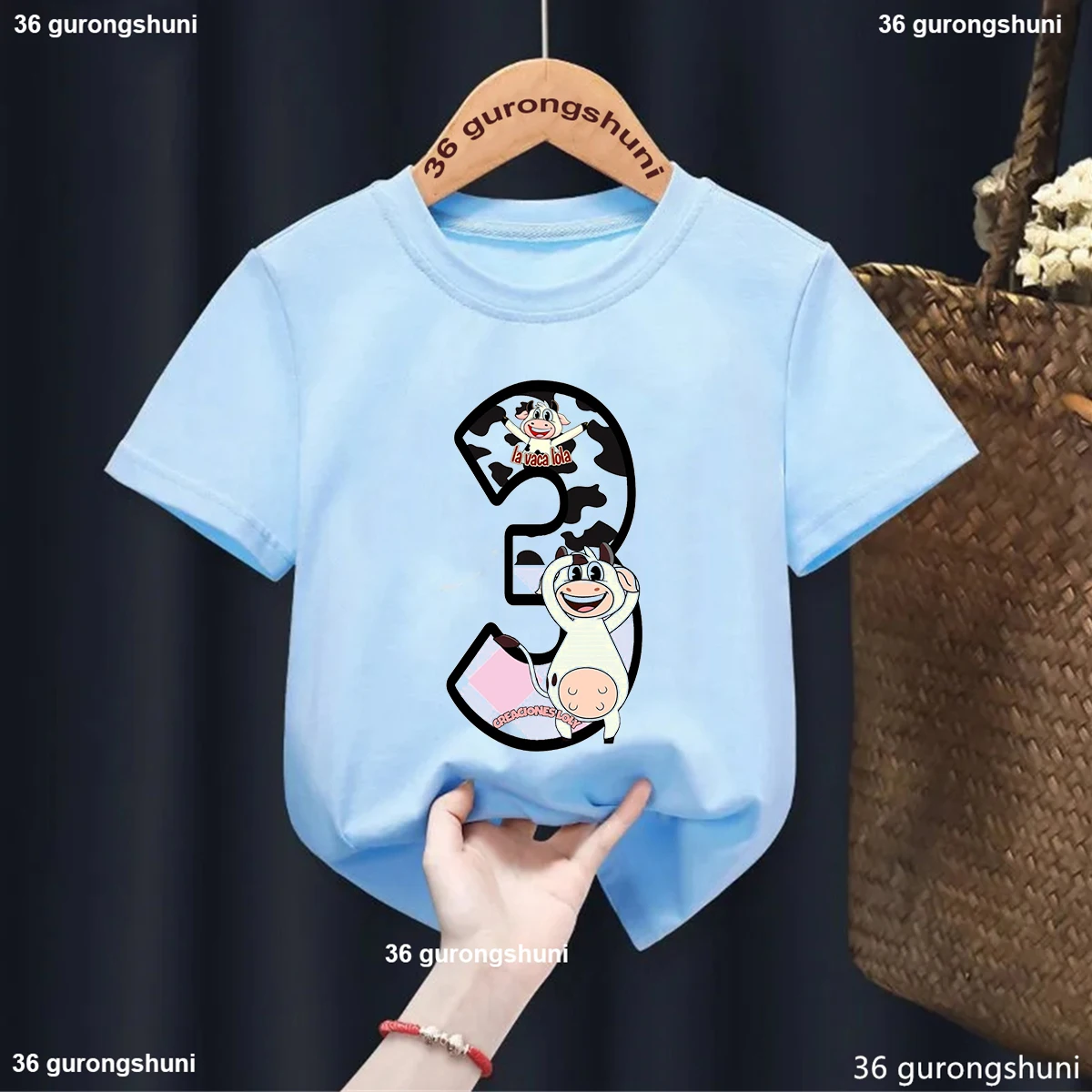 

Newly Milk Cow Markings Digit Birthday Printed T-Shirt for Cute Boys/Girls Birthday Party Summer Blue O-Neck Short Sleeve Tops