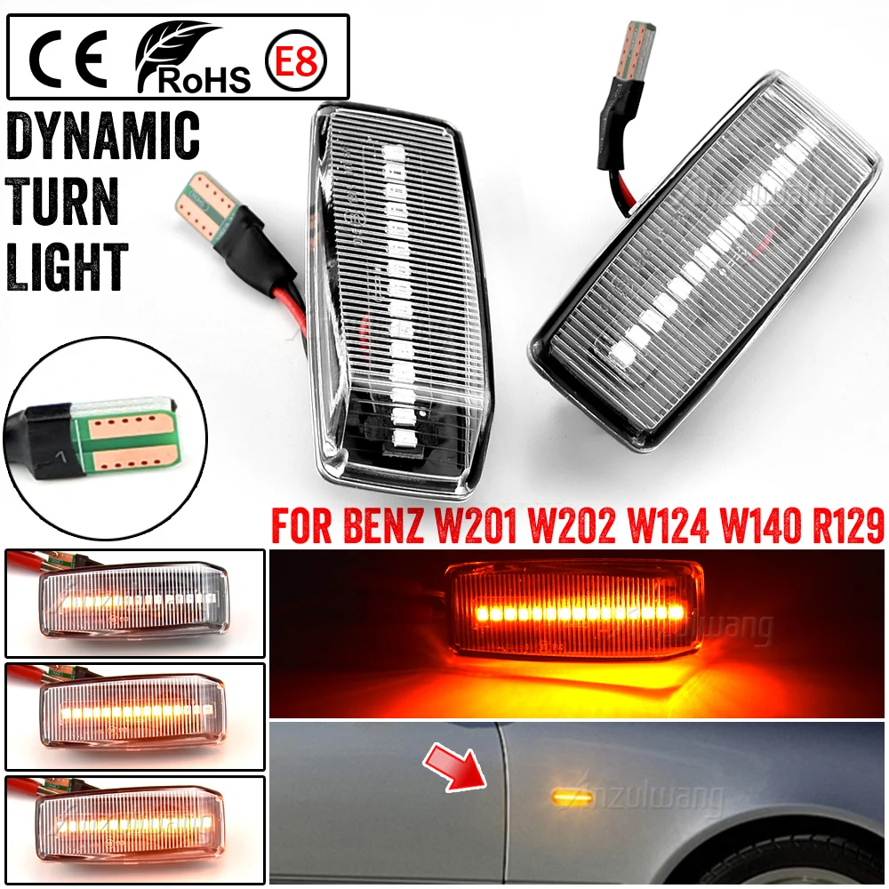 2Pcs Dynamic Amber  For Mercedes For Benz C E S SL CLASS W201 190 W202 W124 W140 LED Side Marker Light Blinker Turn Signal Lamps