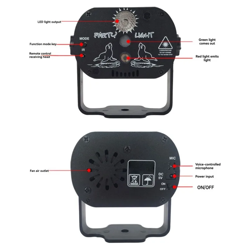 ABGI-RGB Laser Projector Stage Light DJ Disco LED Lamp USB Rechargeable UV Sound Strobe Wedding Holiday Party Effect