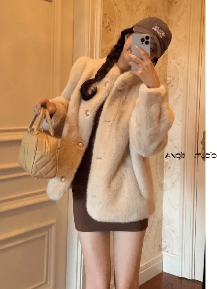 

Зимнее пальто 2025 года: модное повседневное прямое пальто из искусственного меха ягненка с длинными рукавами для женщин