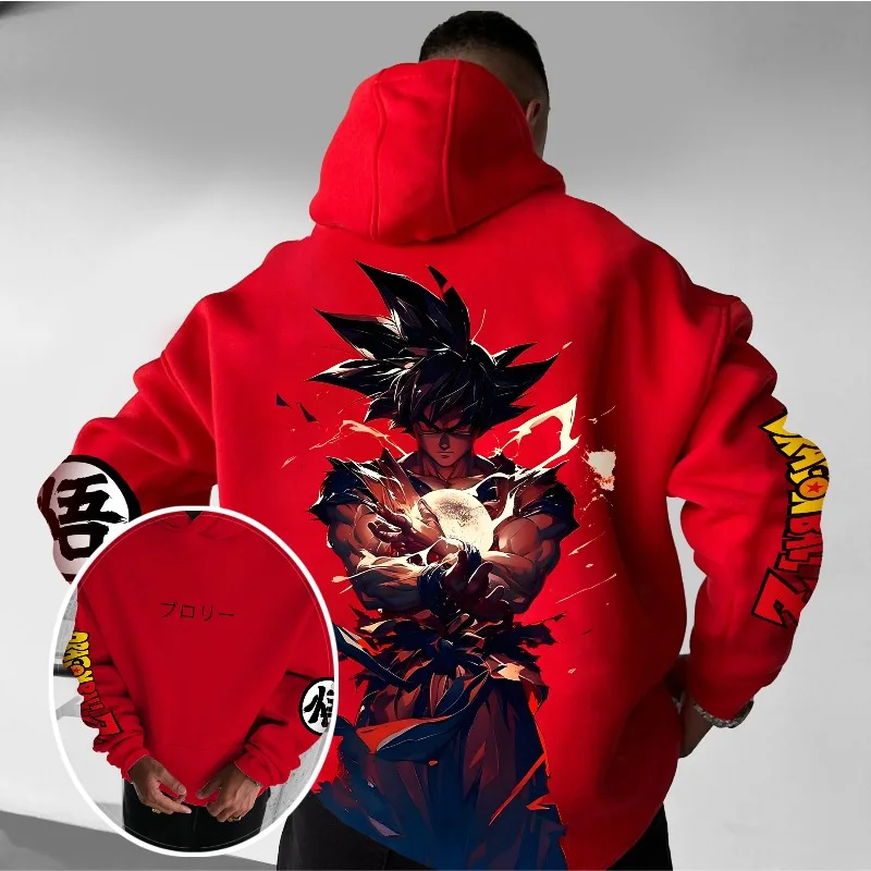 

Men's Dragon Ball Z Anime 3D Print Hoodie Goku Kamehameha Character Graphic Hoodie with Red Background & Kanji Element Design