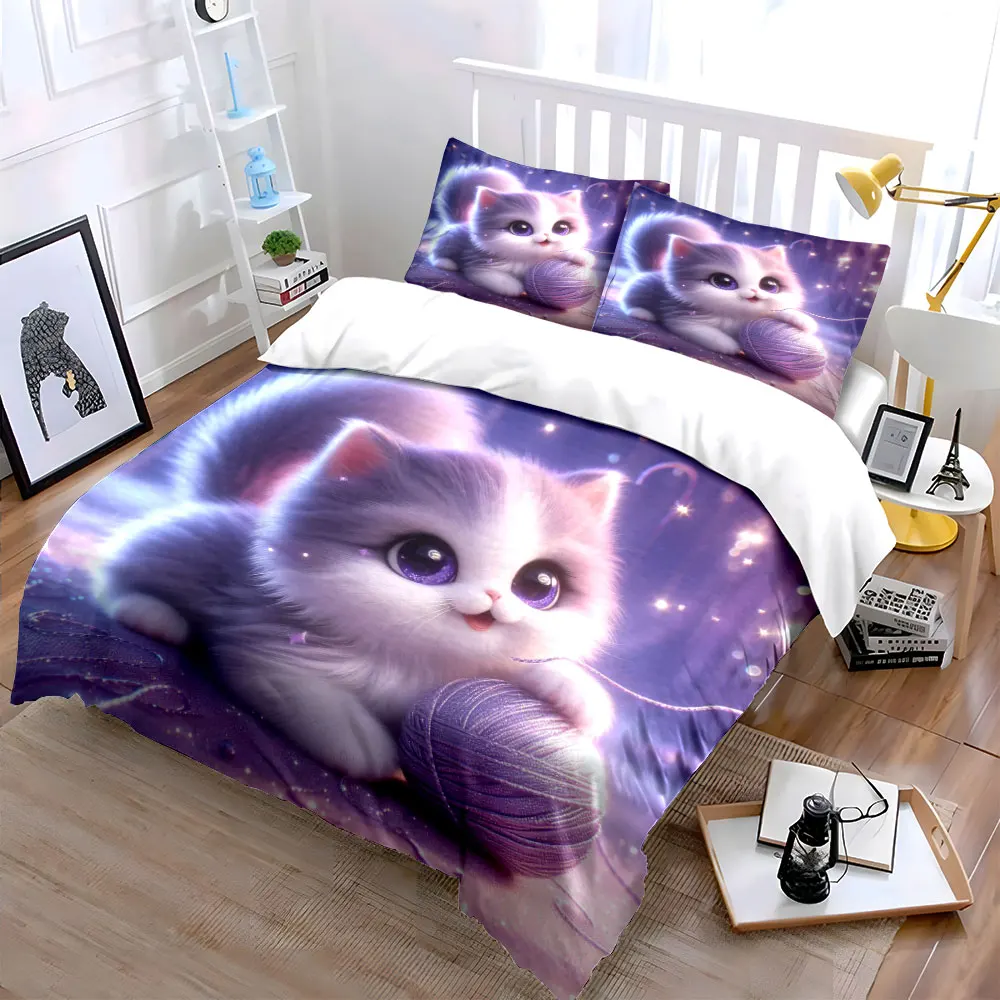 Fluffy kitten plays with purple yarn Duvet Cover Set with 3D Printing Design Soft Polyester Bedding Set All-Season Comfort
