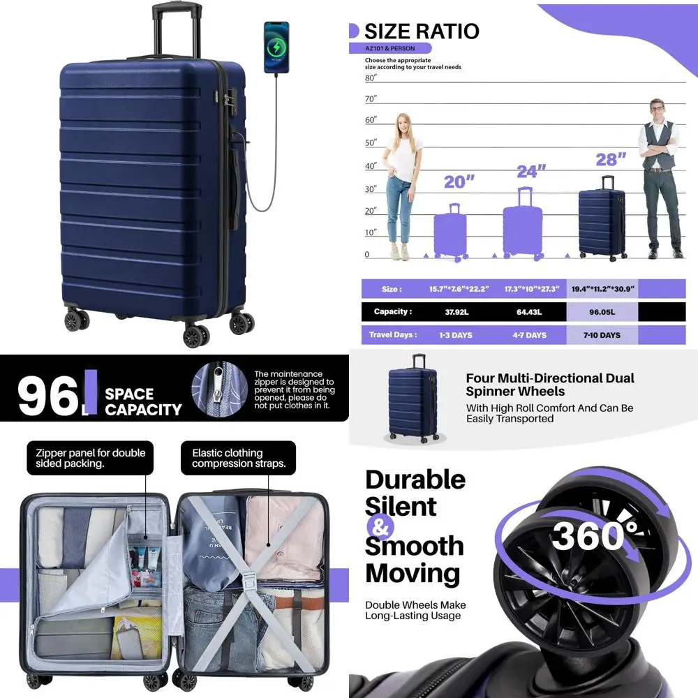 

Lightweight ABS Hardside Luggage with USB Port, Wheels, and TSA Lock - Large 28 Inch Dark Blue Suitcase for Travel