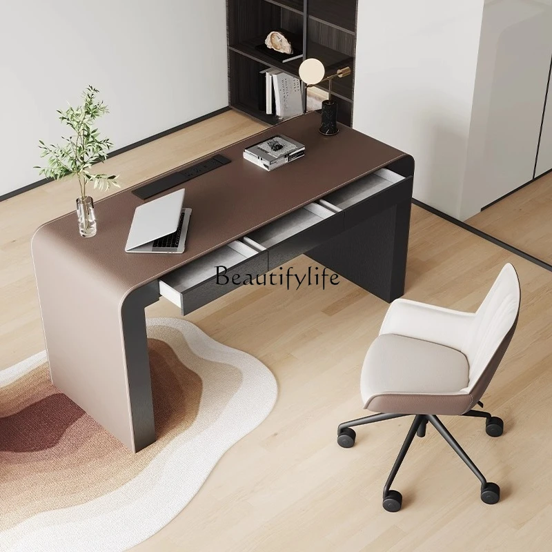 Italian minimalist home study desk light luxury modern high-end saddle leather writing desk computer desk