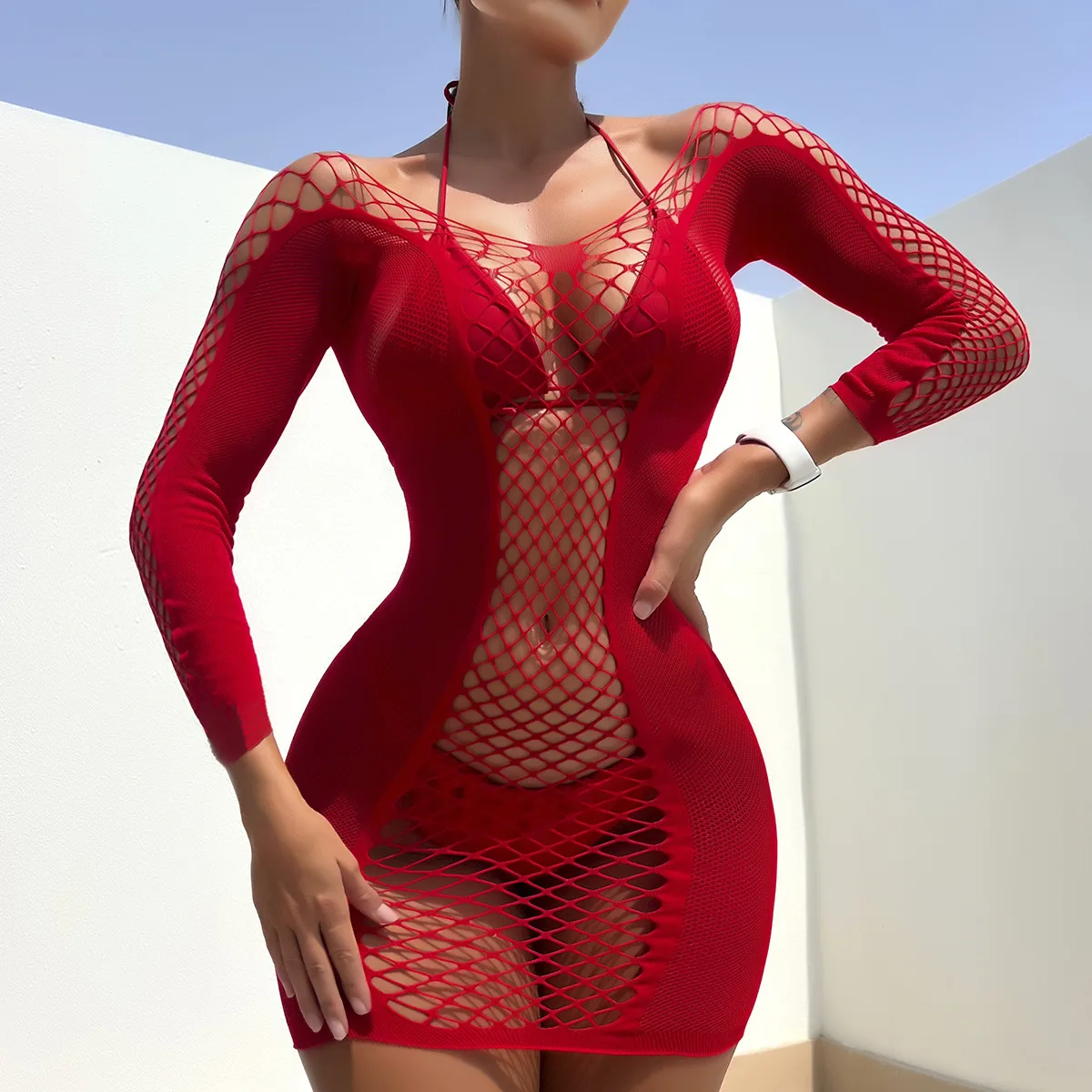 Hollow Out Mini Dress Women Sexy Fishnet Cover Up Without Bikini Long Sleeve Beachwear Summer Women's Swimwear Mini Skirt Dress