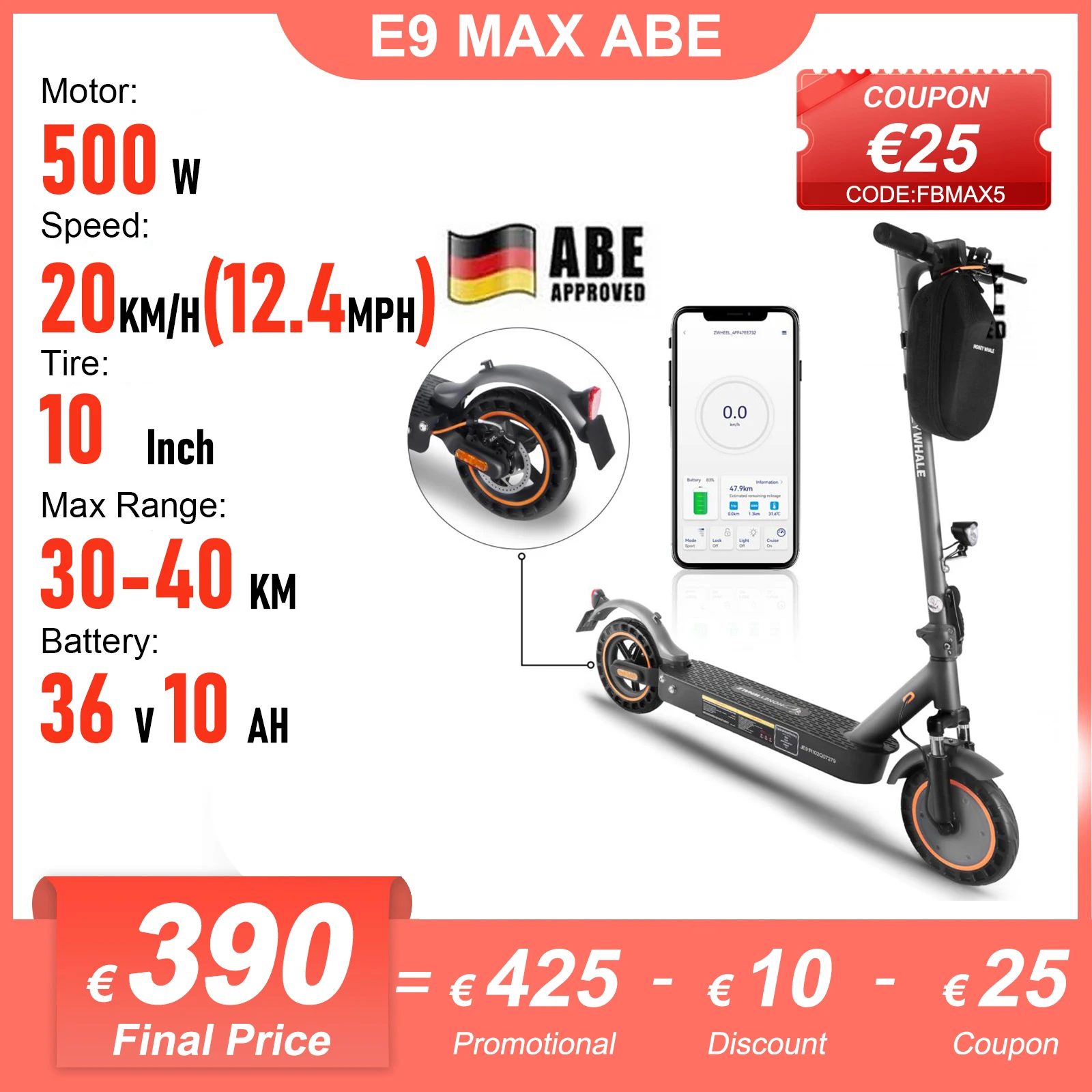 Honey Whale E9 Max ABE 500W Electric Scooter Smart Portable Electric Kick Scooter with 36V10AH 20 KM/H Road Approval 10 Inch 40KM