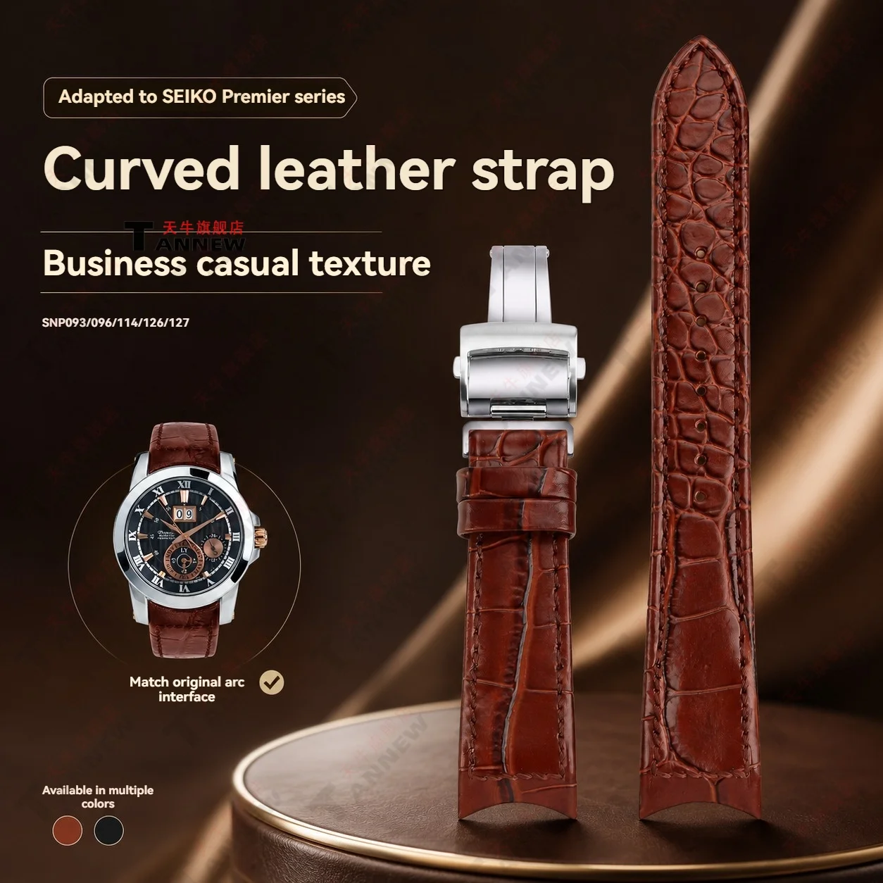 21mm Premium Genuine Leather Strap for Seiko Premier SNP023 SNP025 SNP036 SNP037 SNP038 Curved End Soft Cowhide Replacement Band