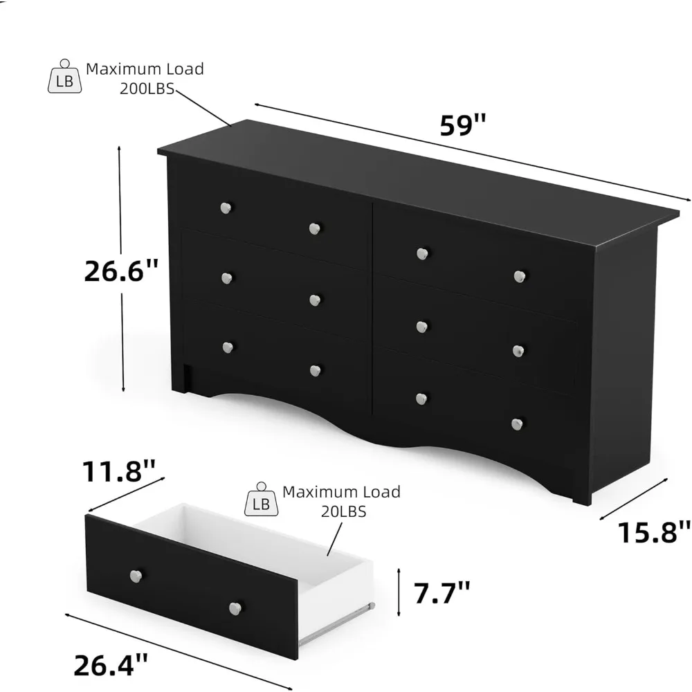 6 Drawer Dresser Chests for Bedroom, Storage Dressers Organizer with Anti-Tilt Devices, Modern Wide Wood Chest of Drawers