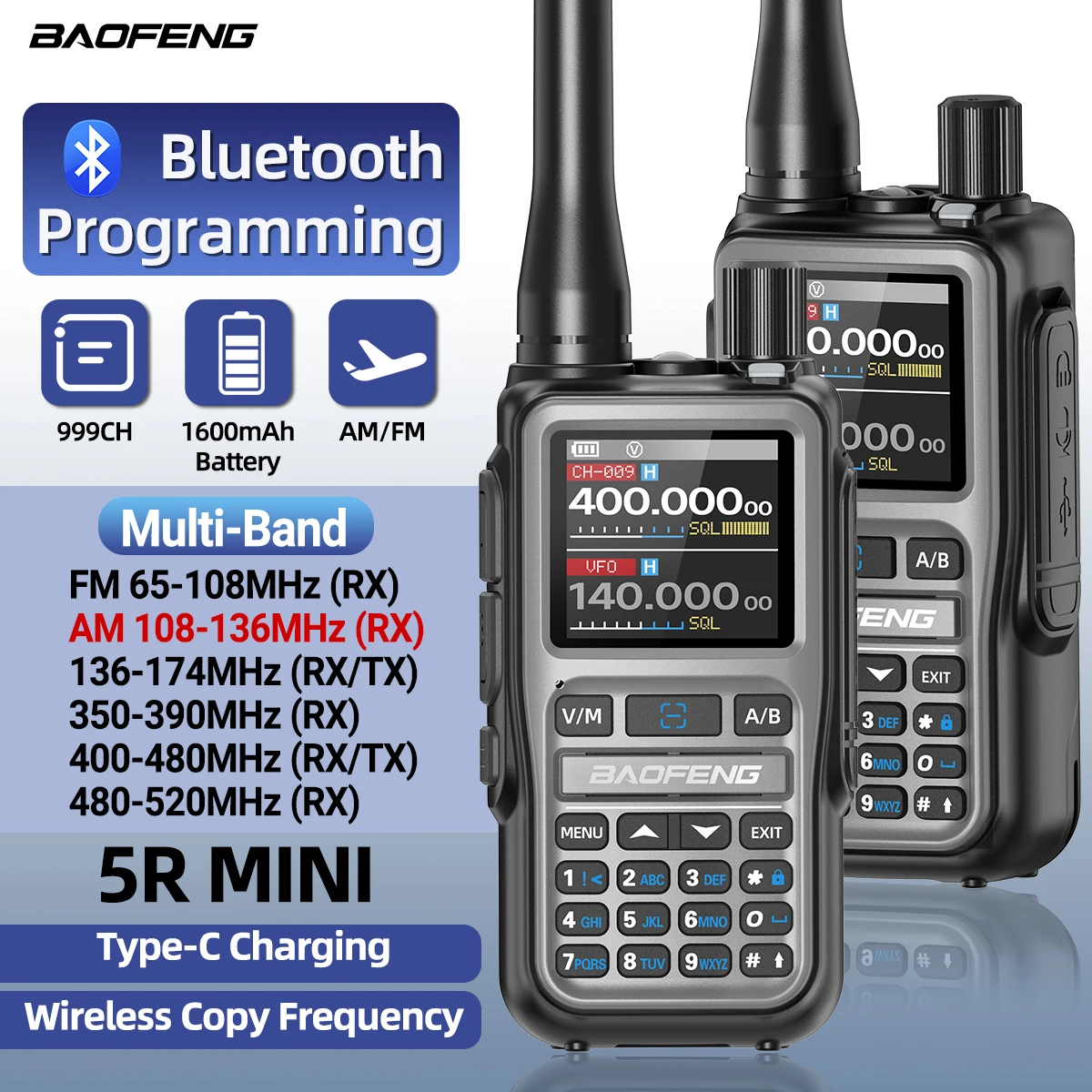 BAOFENG UV-5R Mini 5W Walkie Talkie Bluetooth APP Programming Multi Band One Click Copy Frequency Type-C 5R Mini Two Way Radio