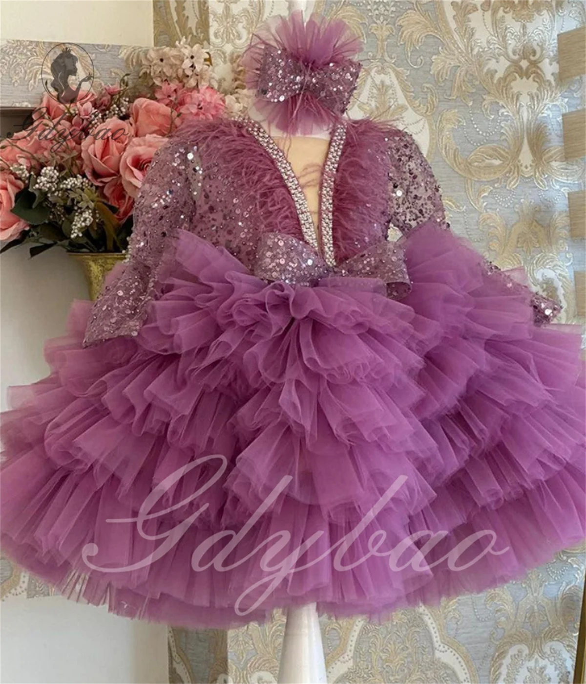 Flower Girl Dress Ruffles Long Sleeves Scoop Neck Feather Pearls Cute Baby Girl Tutu Party Gown Short Graduation Kids Prom Dress