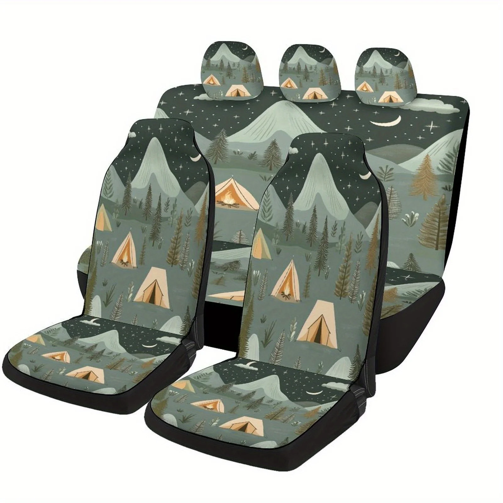 A Complete Set Of Car Seat Covers Featuring A Camping Night Design, Suitable For Various Vehicles. These Stylish And Personalize