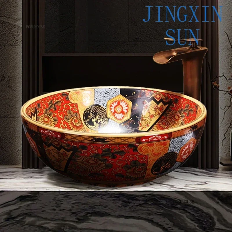 European Ceramic Wash Basin American Art Bathroom Sinks Retro Home Round Single Basin Balcony Toilet Creative Hand Painted Basin