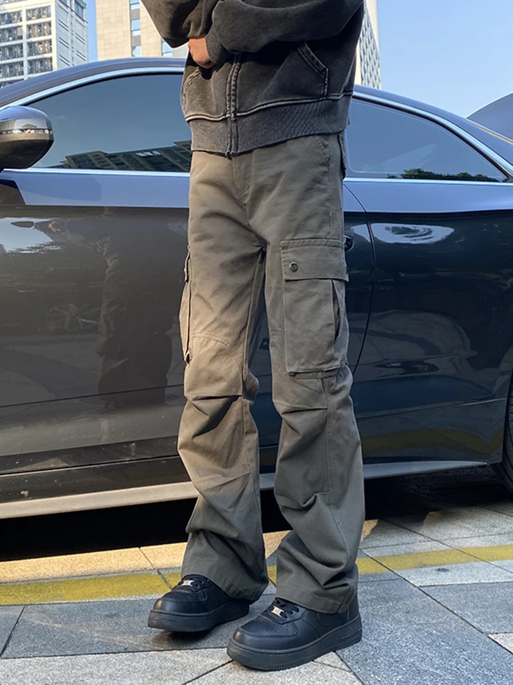 

American Retro Work Pants Men's High Waist Straight Leg Casual Trousers with Big kets Paratrooper Folded Autumn Winter