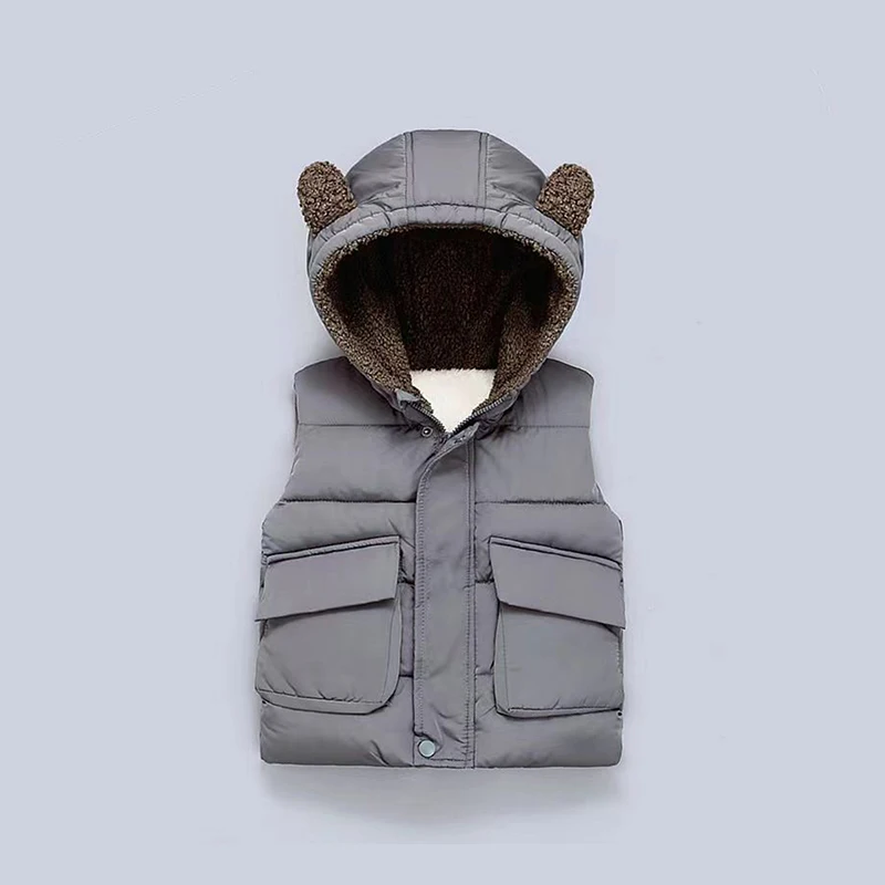 2-6 Years Autumn Winter Boys Vest Bear Ears Solid Color Keep Warm Little Princess Girls Waistcoat Hooded Boys Coat Kids Clothes