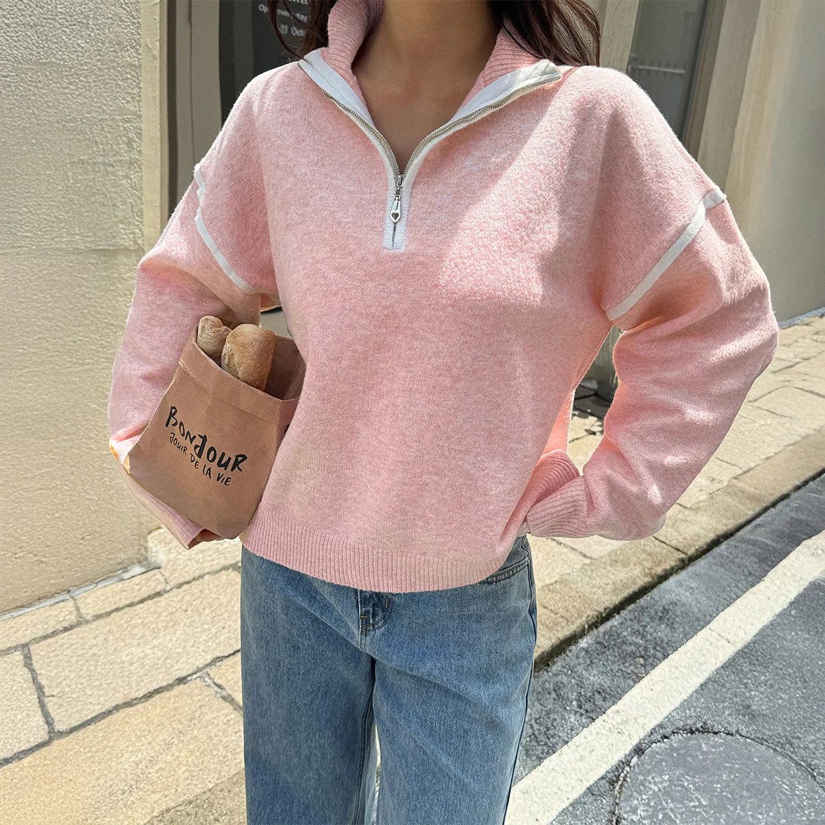 Suéter de mujer de Color sólido de manga larga con cremallera suéter para mujer 2025 otoño moda coreana Tops M