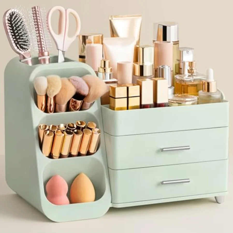 

Makeup Organizer with Brush Holder for Vanity, Plastic Bathroom Countertop Organizer Skin Care Storage, Easy to Store Lipsticks