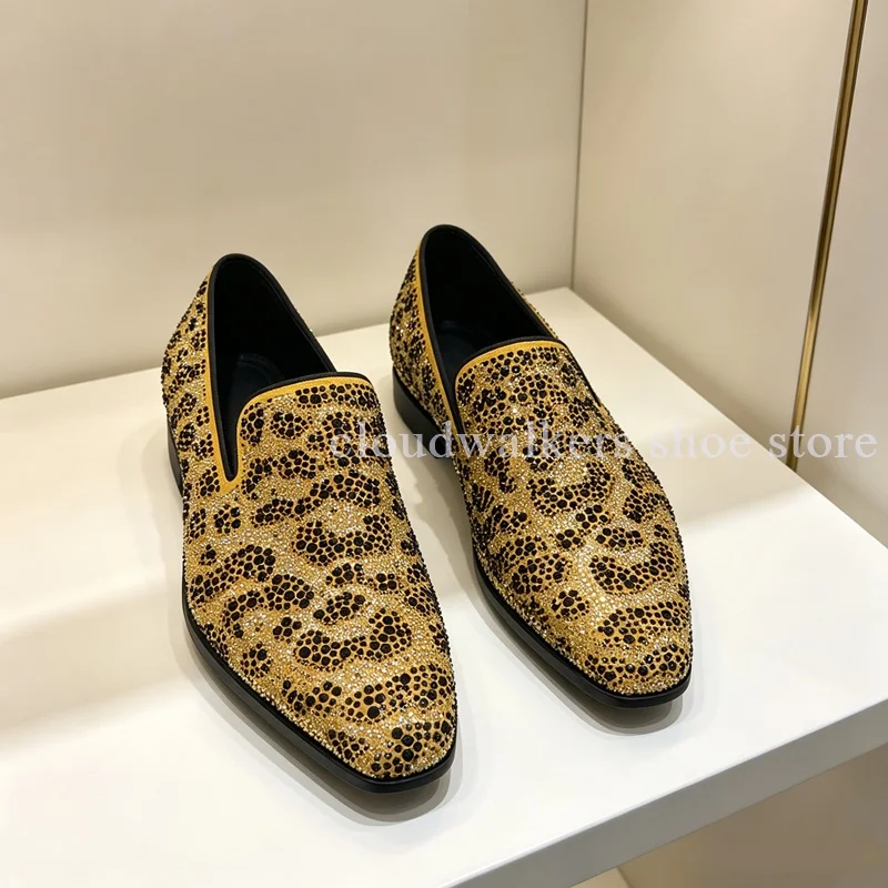 Men Yellow Leopard Rhinestone Slip On Loafer Luxury Pointed Toe Full Crystal Inlay Dress Shoe Fashion All Match Evening Dress Up