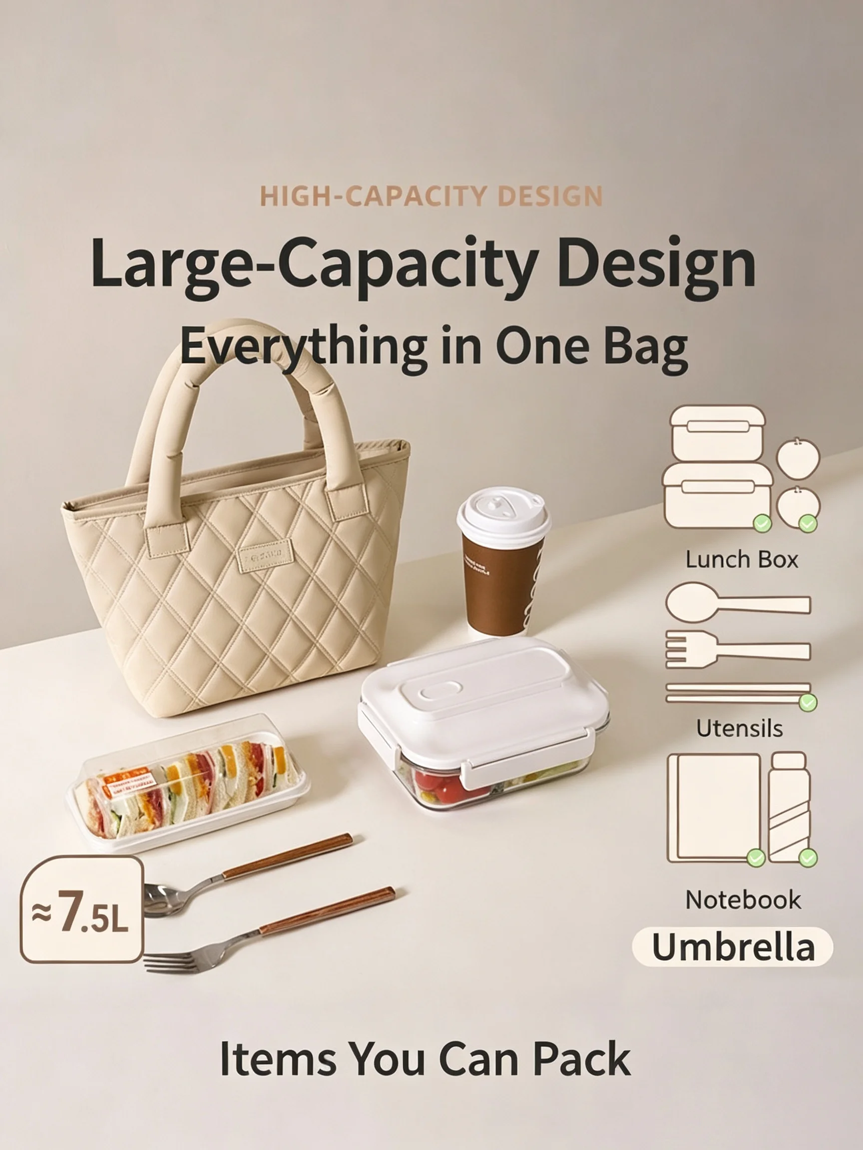 Women Quilted Lunch Tote Bag, 7.5L Large Capacity Waterproof Insulated Lunch Box Handbag, Portable Office Commute Meal Carrier