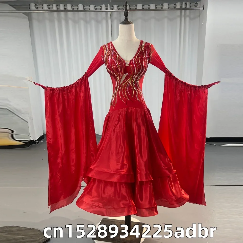 Red Customized Skirt Modern Dance Competition Skirt National Standard Dance Waltz Performance Dress Social Dance Big Swing Skirt