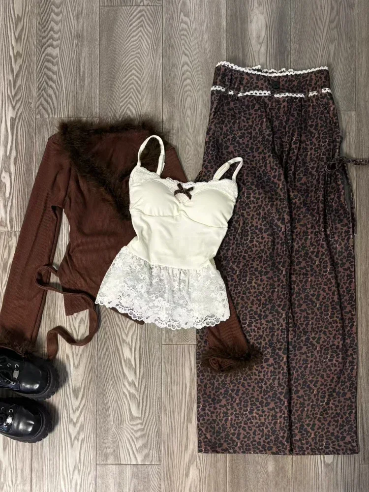 Autumn Winter Chic Thin Knit 3-piece Set Women France Design Long Sleeve Knitwear + Bow Lace Sling Leopard Print Trousers New