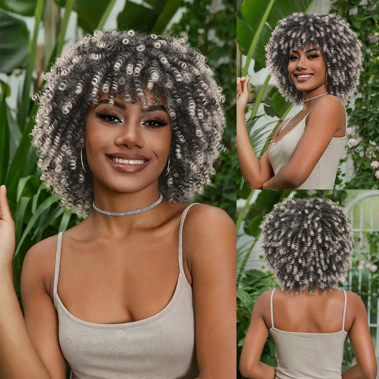 

Synthetic Afro Wig with Bangs 8 inch Short Curly Wigs for Black Women Fluffy and Soft Afro Kinky Curly Hair for Daily Party Wear