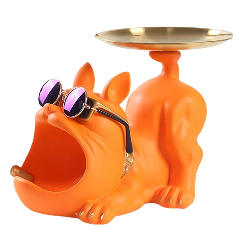 Resin Cool Bulldog Crafts Dog Butler With Tray For Keys Holder Storage Jewelries Animal Room Home Decor Statue,Orange Durable