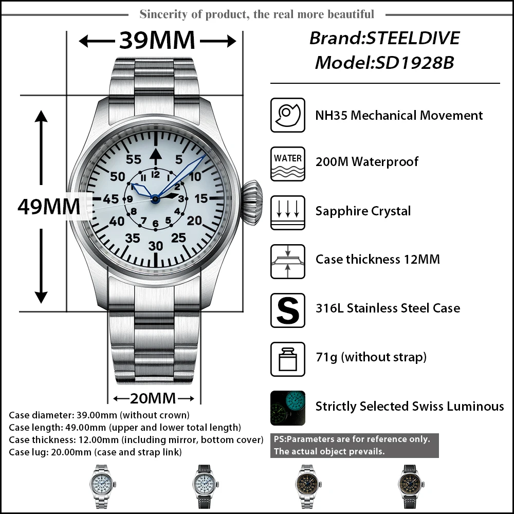 STEELDIVE SD1928B reloj de pulsera mecánico automático de lujo NH35, movimiento suizo superluminoso, 200M, resistente al agua, reloj de piloto de