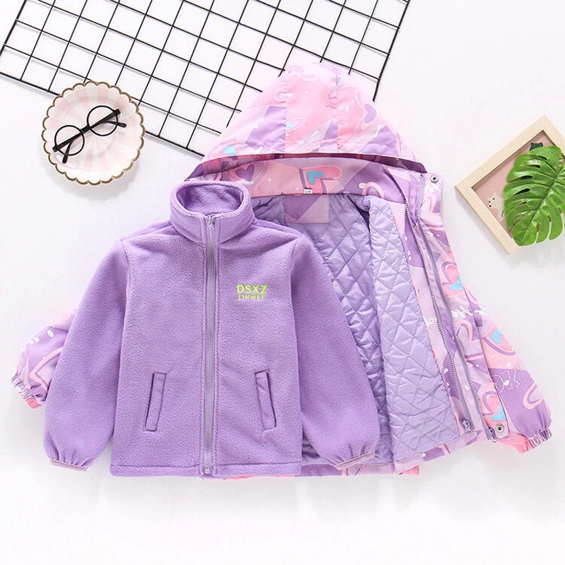 Waterproof Hooded Coat Kids Cartoon Girls Lovely Warm Removable Fleece Lined Jacket Cotton Padded Cothes Children Outfit XMP95