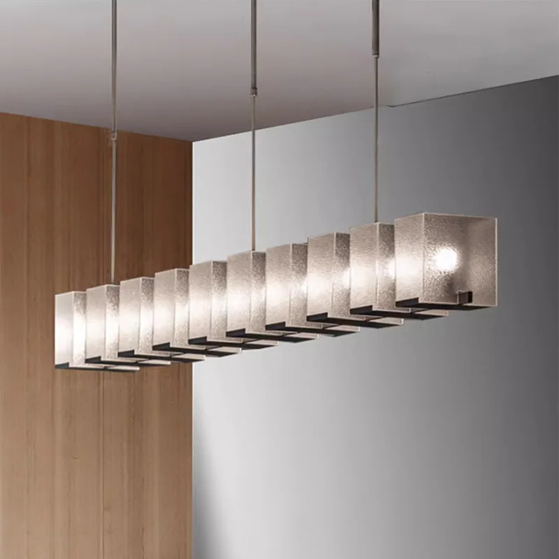 Modern Glass Pendant Light Linear Chandelier with Textured Glass Panels Black Frame for Dining Room Kitchen Island Lighting