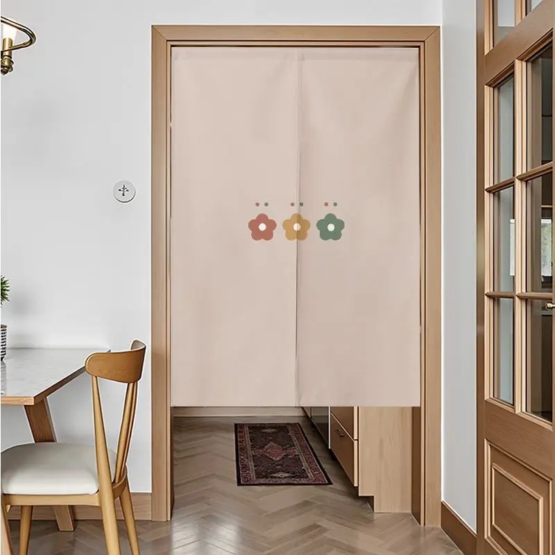 VIKAMA Beige Arch Small Flower Door Curtain Green Frame Blossom Text Minimalist Nordic Simple Linen Noren Bedroom Kitchen Living