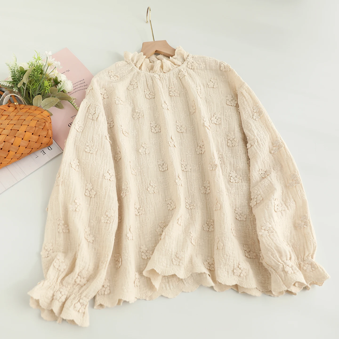 

Japanese Sweet Mori Girl 3D Flower Embroidery Cotton Shirts Women Spring Autumn Stand Collar Long Sleeve Casual Loose Blouse Top