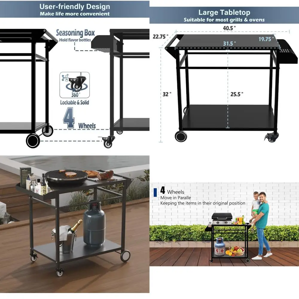 

Portable Outdoor BBQ Cart with 4 Wheels, Adjustable Height, Double-Tiered Worktable, Spice Rack, Ideal for Patio and Backyard Co