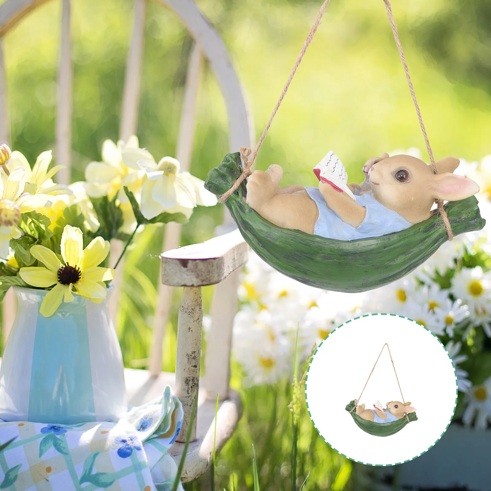 

Bunny Swing Decoration Resin Garden Ornament Outdoor Yard Decor Rabbit Shape Landscape Tree Hanging Adornment for Courtyard