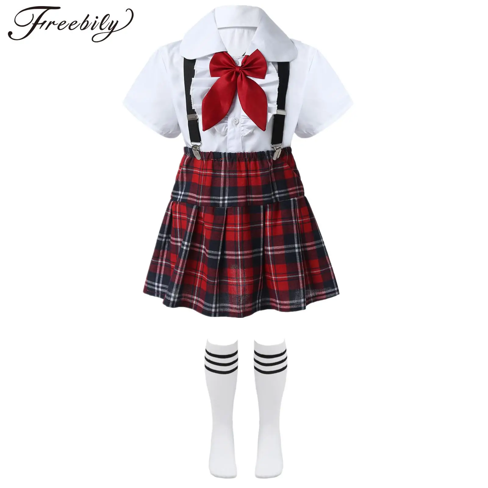 Kids Girls Student School Uniform Shirt Top with Suspenders Skirt Socks Children Choir Stage Performance Suit Schoolgirl Costume