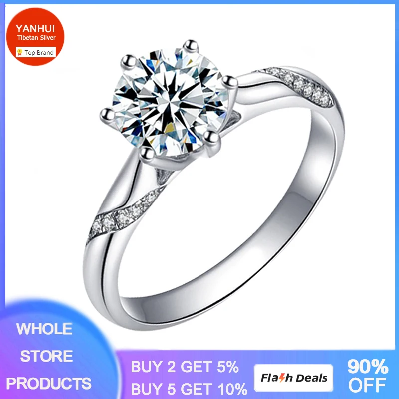 YANHUI Original Certified Tibetan Silver Jewelry Engagement Rings for Women Round 1 Carat Zirconia Wedding Band Lover Gift