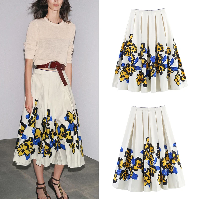 

Ele Floral Print Wide Pleated Skirt Z Women's Faion High Waist Midi Skirt Commute Sle Loose Fit Polyester Fiber