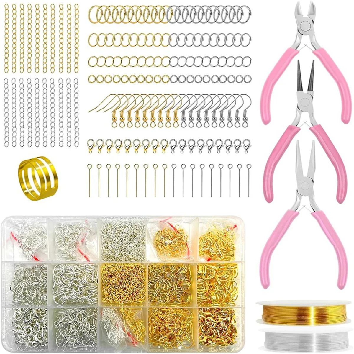 

AOAO-1166Pcs Jewelry Making Supplies Kit Contains Silver & Gold Earring Findings, Lobster Claw Clasps, for DIY and Repair