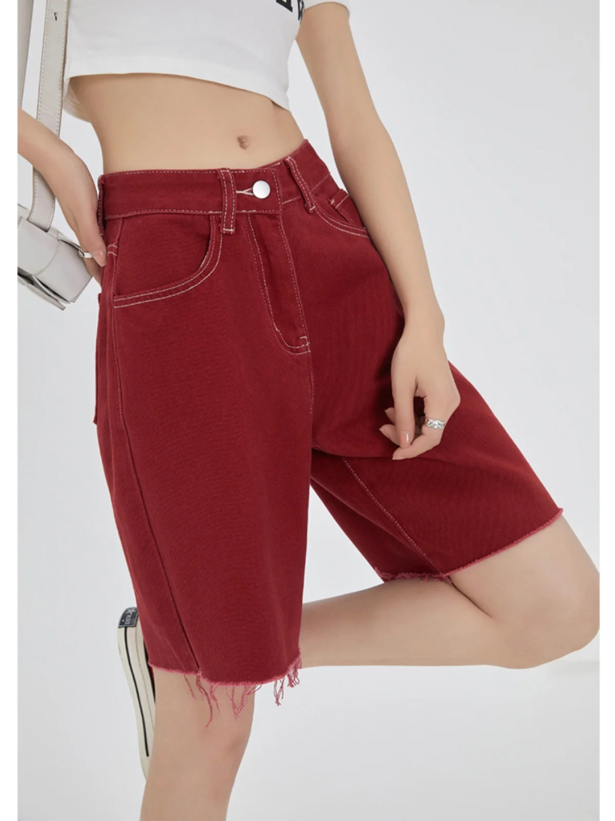 ZHISILAO Red Denim Shorts Women Vintage Y2K High Waist Straight Jeans Shorts Summer 2024